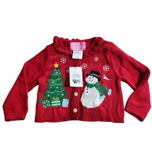 NEW Good Lad Girl Red Christmas Tree Snowman Ruffle Neck Cardigan Sweater 12-18M